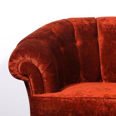 Art Deco Curved Channel Back Scroll Arm Sofa with Ebonized Tapered Supports