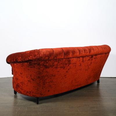Art Deco Curved Channel Back Scroll Arm Sofa with Ebonized Tapered Supports
