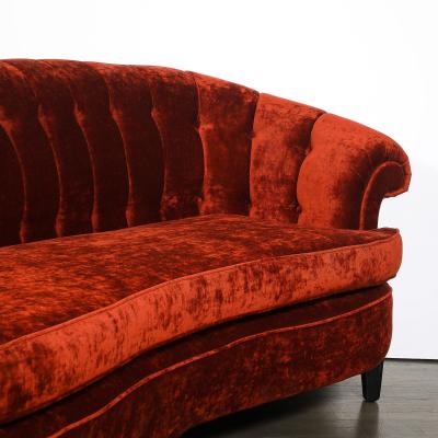 Art Deco Curved Channel Back Scroll Arm Sofa with Ebonized Tapered Supports