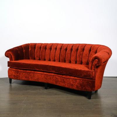 Art Deco Curved Channel Back Scroll Arm Sofa with Ebonized Tapered Supports
