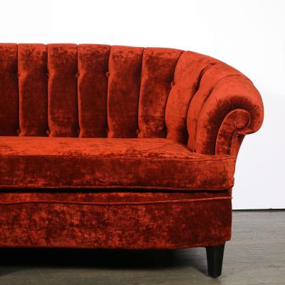 Art Deco Curved Channel Back Scroll Arm Sofa with Ebonized Tapered Supports
