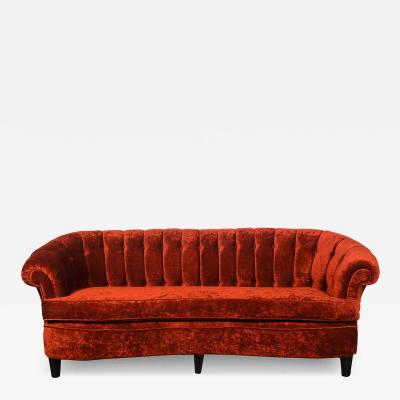 Art Deco Curved Channel Back Scroll Arm Sofa with Ebonized Tapered Supports