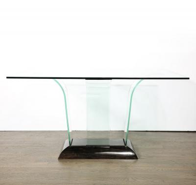 Art Deco Curved Glass Console Table with Black Lacquered Base by Modernage