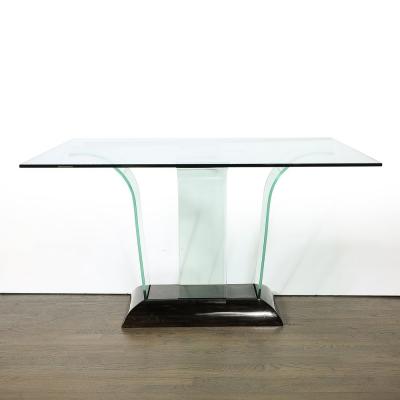 Art Deco Curved Glass Console Table with Black Lacquered Base by Modernage