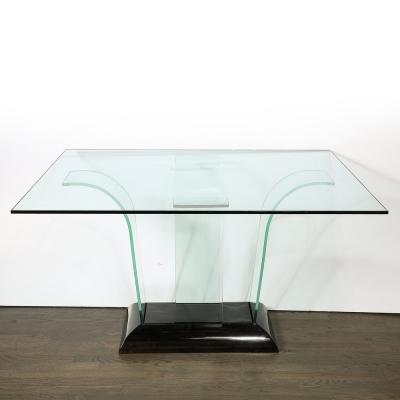 Art Deco Curved Glass Console Table with Black Lacquered Base by Modernage
