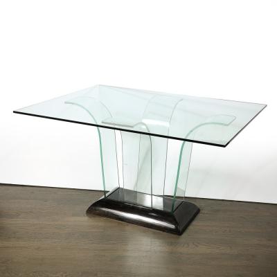 Art Deco Curved Glass Console Table with Black Lacquered Base by Modernage