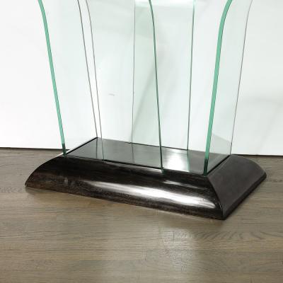 Art Deco Curved Glass Console Table with Black Lacquered Base by Modernage