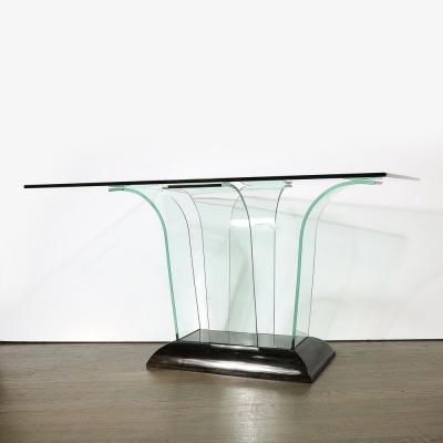 Art Deco Curved Glass Console Table with Black Lacquered Base by Modernage