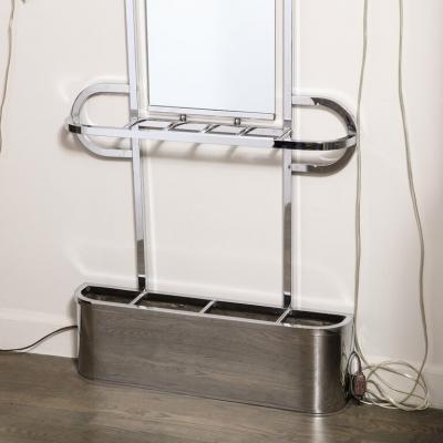Art Deco Curvilinear Coat Umbrella Rack with Arched Mirror in Polished Chrome