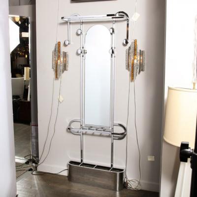 Art Deco Curvilinear Coat Umbrella Rack with Arched Mirror in Polished Chrome