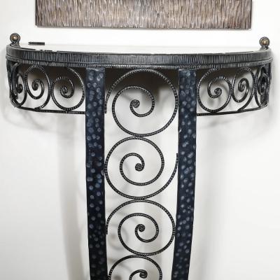 Art Deco Demilune Wrought Iron Spiral Motif Porto Marble Inset Console Table
