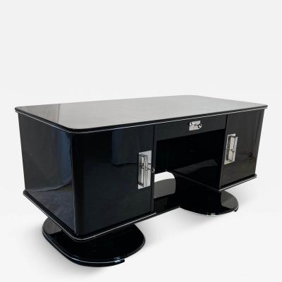 Art Deco Desk Black Lacquer Chrome Mahogany France 1950s