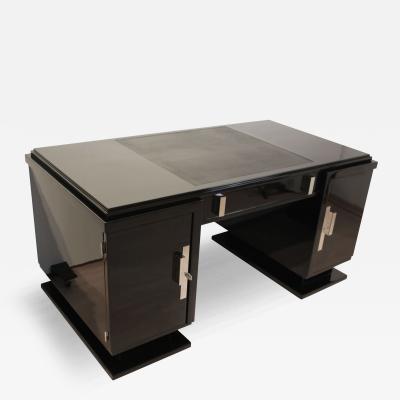 Art Deco Desk Black Lacquer Leather Nickel France circa 1930