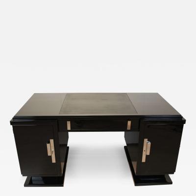 Art Deco Desk Black Lacquer Leather Nickel France circa 1930