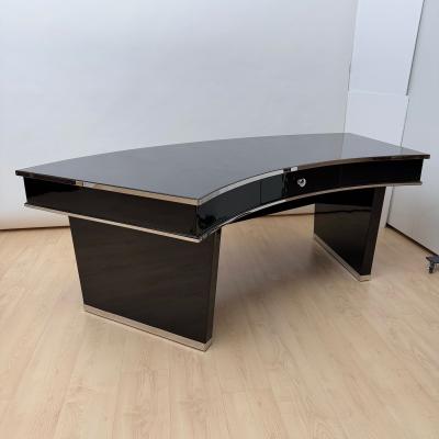 Art Deco Desk Black Lacquer Walnut Metal France circa 1950