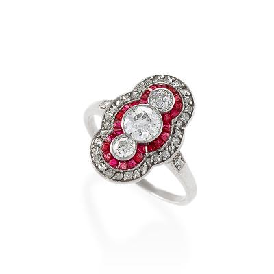 Art Deco Diamond Ruby Platinum and Gold Plaque Ring