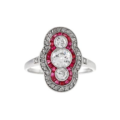 Art Deco Diamond Ruby Platinum and Gold Plaque Ring