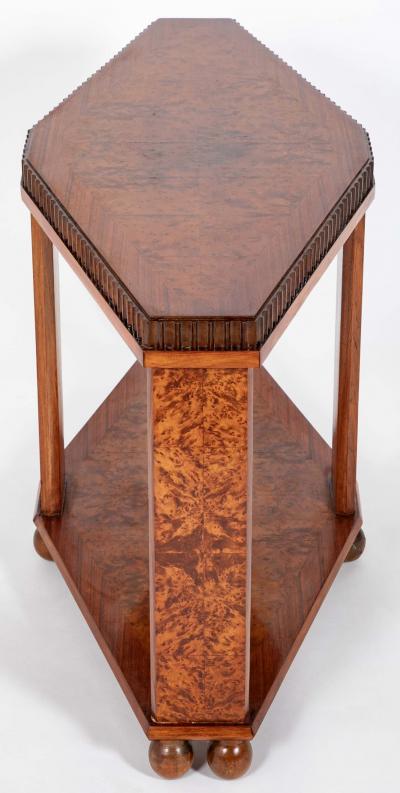 Art Deco Diamond Shape Burl Walnut Table with Undershelf