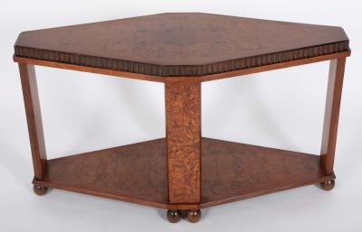 Art Deco Diamond Shape Burl Walnut Table with Undershelf