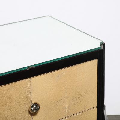Art Deco Directoire Style Ebonized Nightstands W Shagreen Fronts Mirrored Tops