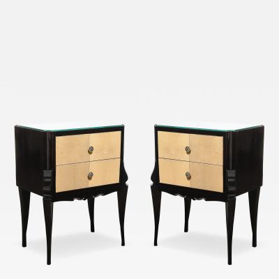 Art Deco Directoire Style Ebonized Nightstands W Shagreen Fronts Mirrored Tops