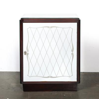 Art Deco Directoire Style Walnut Mirrored Reverse Etched Detail Bar Cabinet