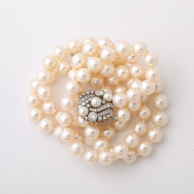 Art Deco Double Strand Cultured Pearl Diamond Clasp Necklace in White Gold