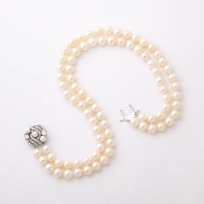 Art Deco Double Strand Cultured Pearl Diamond Clasp Necklace in White Gold