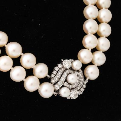 Art Deco Double Strand Cultured Pearl Diamond Clasp Necklace in White Gold