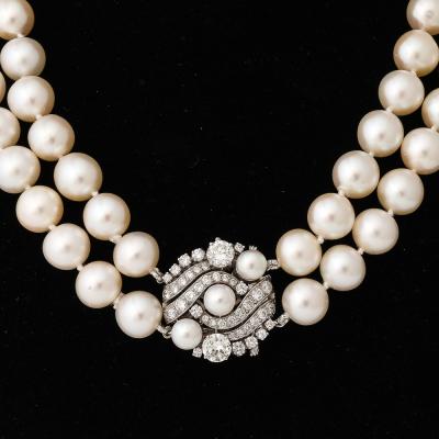 Art Deco Double Strand Cultured Pearl Diamond Clasp Necklace in White Gold