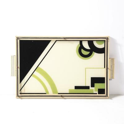 Art Deco Eglomise Cubist Graphic Geometric Motif Tray w Cream Lacquered Border