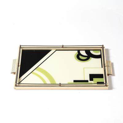 Art Deco Eglomise Cubist Graphic Geometric Motif Tray w Cream Lacquered Border