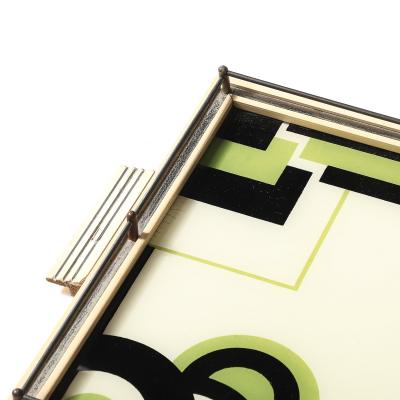 Art Deco Eglomise Cubist Graphic Geometric Motif Tray w Cream Lacquered Border