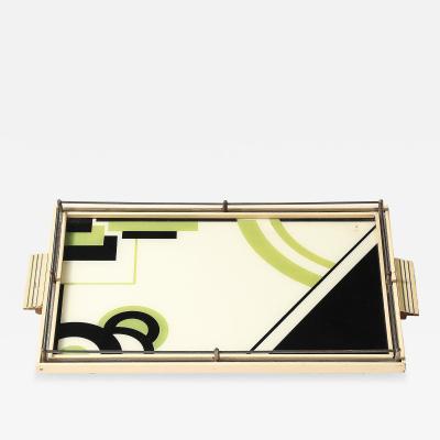 Art Deco Eglomise Cubist Graphic Geometric Motif Tray w Cream Lacquered Border