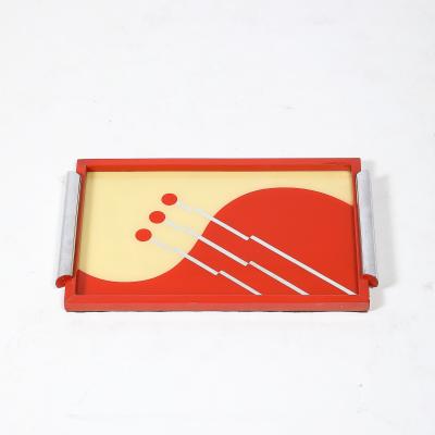 Art Deco Eglomise Graphic Geometric Detailed Tray in Vermillion Red Yellow