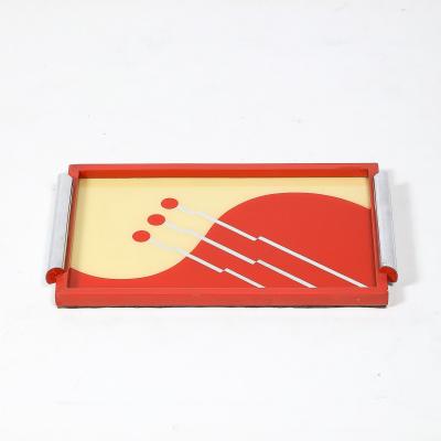 Art Deco Eglomise Graphic Geometric Detailed Tray in Vermillion Red Yellow