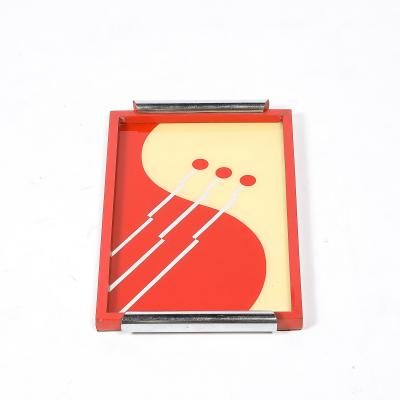 Art Deco Eglomise Graphic Geometric Detailed Tray in Vermillion Red Yellow