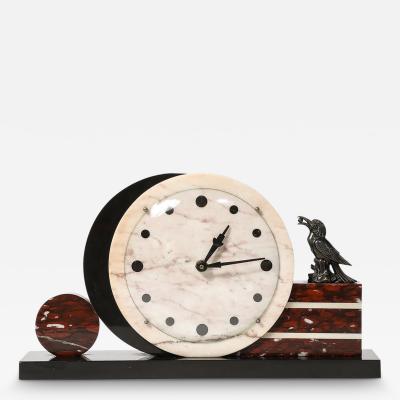 Art Deco Exotic Marble Onyx Mantelpiece Clock W Bronze Sculptural Detail