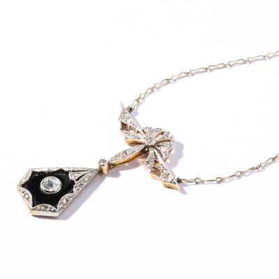 Art Deco Filigreed Platinum Gold and Diamond Onyx Pendant on Platinum Chain