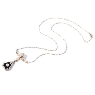 Art Deco Filigreed Platinum Gold and Diamond Onyx Pendant on Platinum Chain