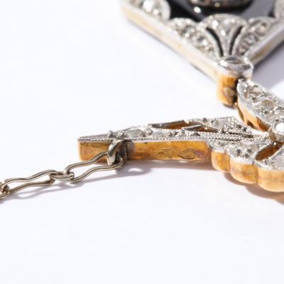 Art Deco Filigreed Platinum Gold and Diamond Onyx Pendant on Platinum Chain