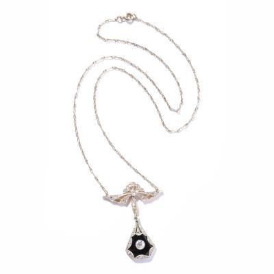 Art Deco Filigreed Platinum Gold and Diamond Onyx Pendant on Platinum Chain