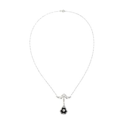 Art Deco Filigreed Platinum Gold and Diamond Onyx Pendant on Platinum Chain