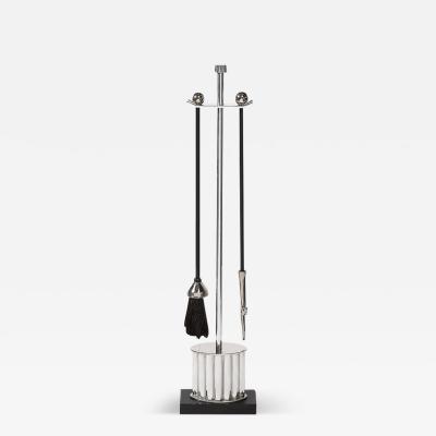 Art Deco Fire Tool Set in Nickel with Fluted Detailing and Black Enamel