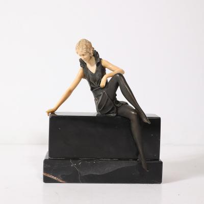 Art Deco Flapper Girl Sculpture In Bronze Resin on Rectilinear Marble Base