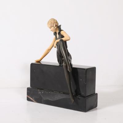 Art Deco Flapper Girl Sculpture In Bronze Resin on Rectilinear Marble Base