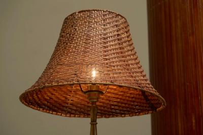 Art Deco Floor Lamp in Patinated Brass with Rattan Shade 1940s
