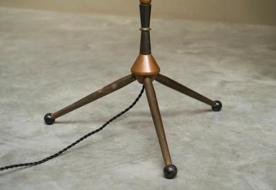 Art Deco Floor Lamp in Patinated Brass with Rattan Shade 1940s