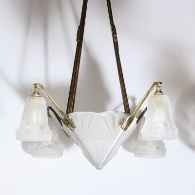Art Deco Four Arm Frosted Glass Silvered Bronze Chandelier with Cubist Motifs