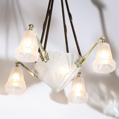 Art Deco Four Arm Frosted Glass Silvered Bronze Chandelier with Cubist Motifs